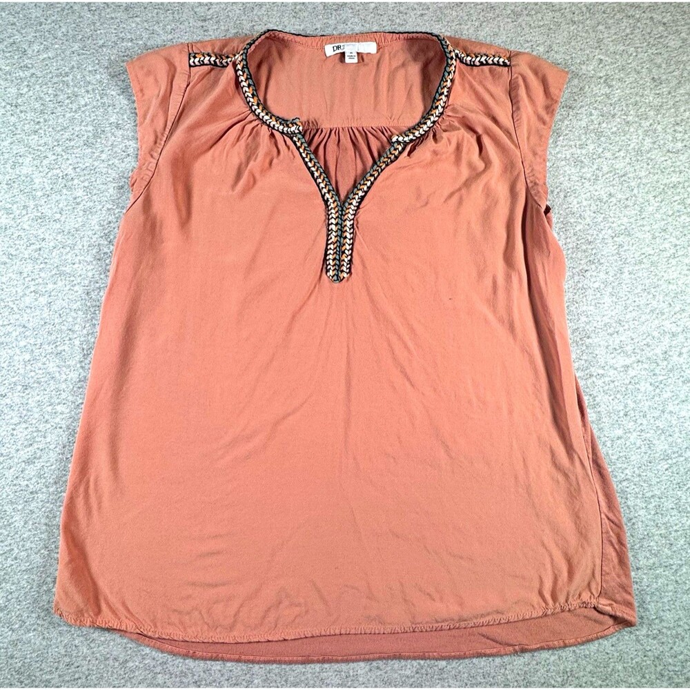 DR2 Womens M Dusty Rose Boho Peasant Tunic Blouse Braided Trim Hi Low